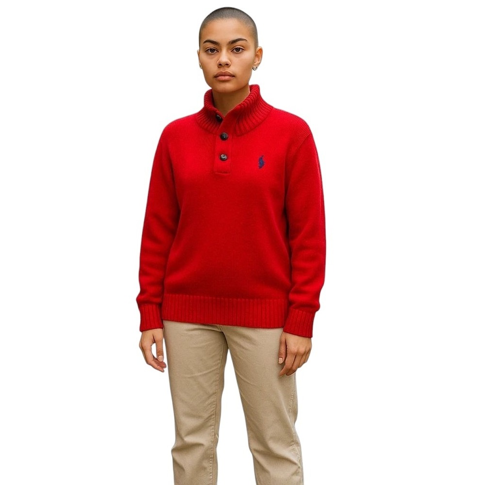 Polo Ralph Lauren Mens Sz L Red‎ Button Mock Neck Pullover Knit Sweater Preppy
